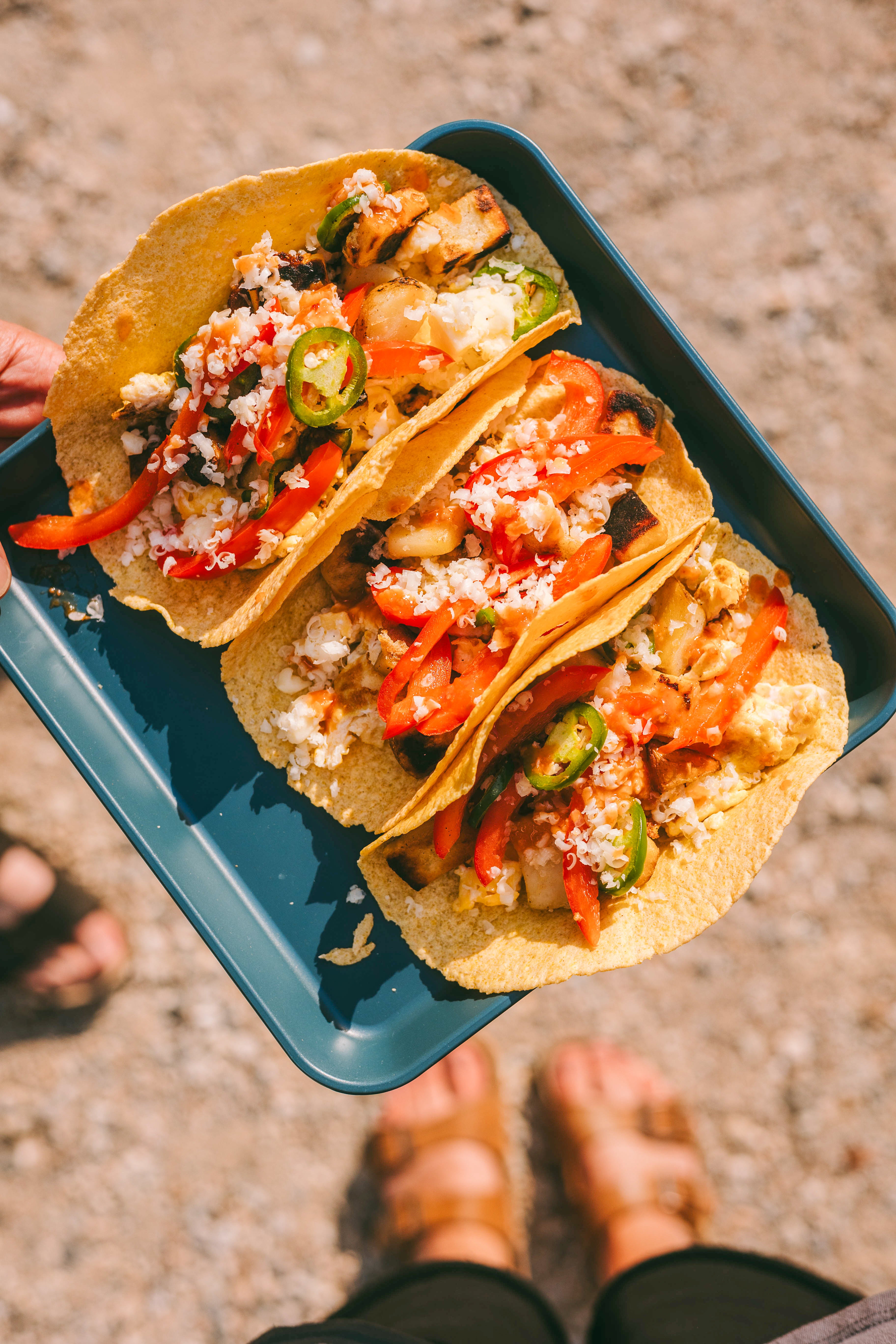 Image of three breakfast tacos held on a plate in a camp setting